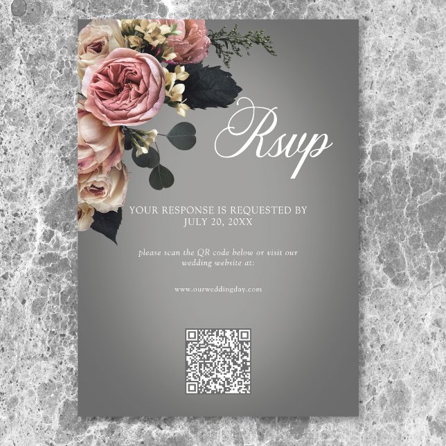 Cartons Réponse Élégant rose blanc Rose gris Mariage QR (Elegant Pink White Floral Roses Gray Wedding QR RSVP Card)