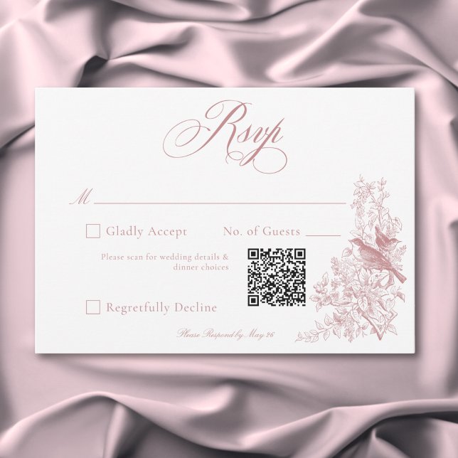 Cartons Réponse Elegant rose Chinoiserie Nature & Oiseaux Mariage  (Elegant Pink Chinoiserie Nature & Birds Wedding QR RSVP Card)