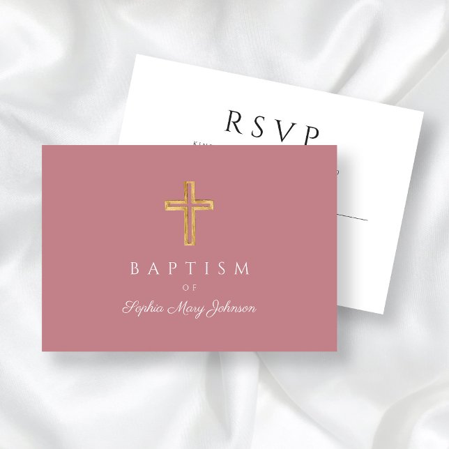 Cartons Réponse Élégant rose Croix Religieuse Fille Baptême (Dusty Pink Religious Wood Cross Girl Baptism RSVP Card)