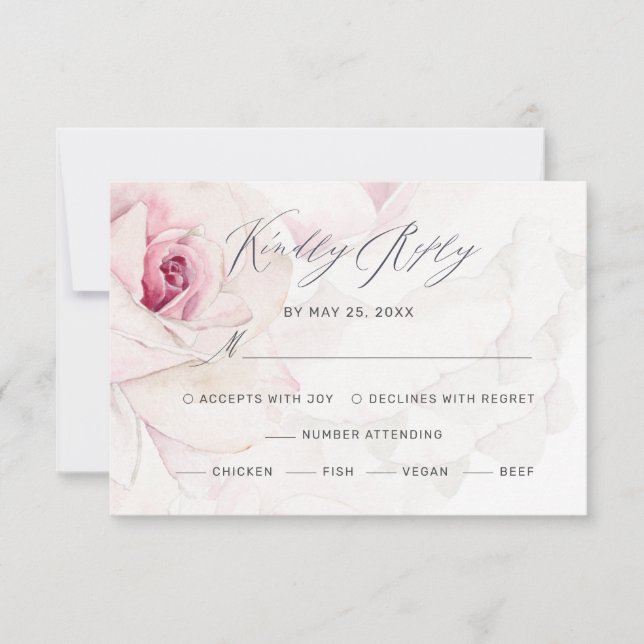Cartons Réponse Élégant Rose Rose Floral Script Repas Mariage (Devant)