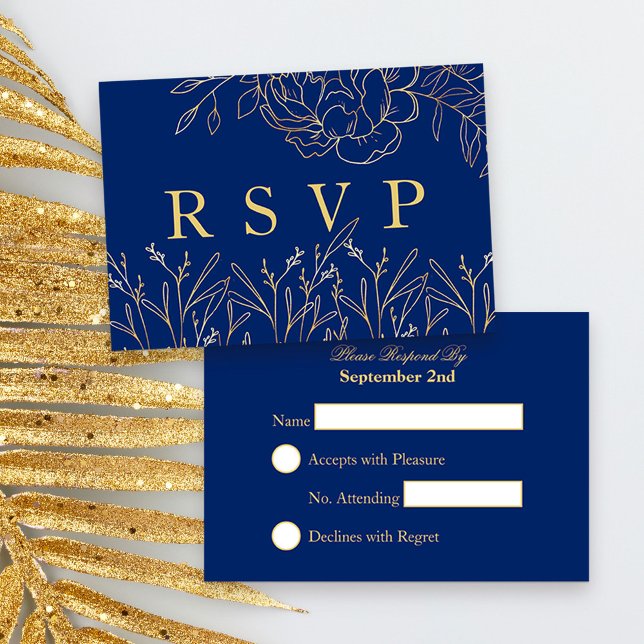 Cartons Réponse Elégant Royal Blue avec des fleurs dorées (Blue and Gold Quinceanera Response Card, from my Gold Sketched Floral collection
)