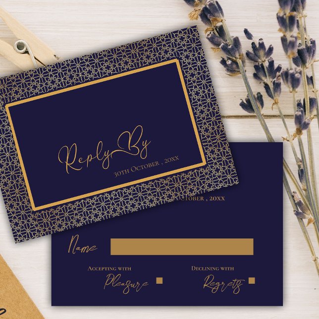 Cartons Réponse Elégant Royal Blue Gold Intricate Design Mariage (Elegant Royal Blue Gold Intricate Design Wedding RSVP Card)
