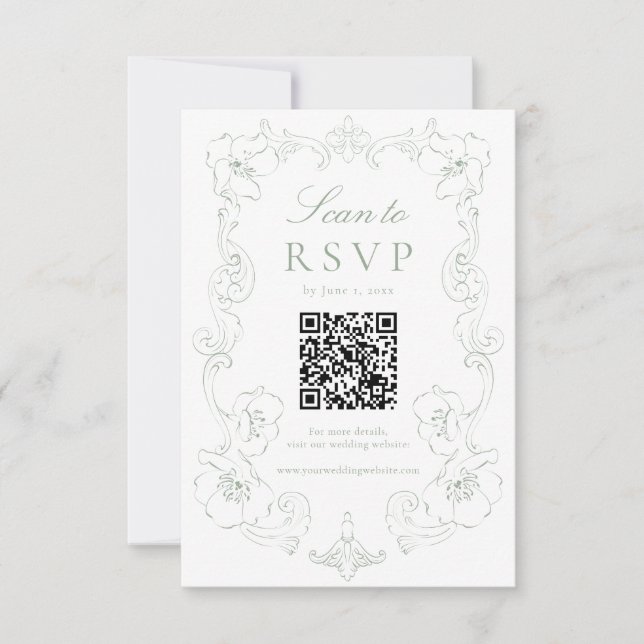 Cartons Réponse Elegant Sage Green Ornate Floral QR Code Wedding (Devant)