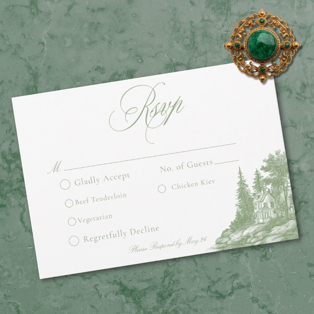 Cartons Réponse Elegant Sage Green Toile French Manor Wedding (Elegant Sage Green Toile French Manor Wedding RSVP Card)