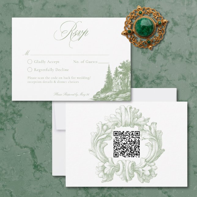 Cartons Réponse Elegant Sage Green Toile French Manor Wedding QR (Elegant Sage Green Toile French Manor Wedding QR RSVP Card)
