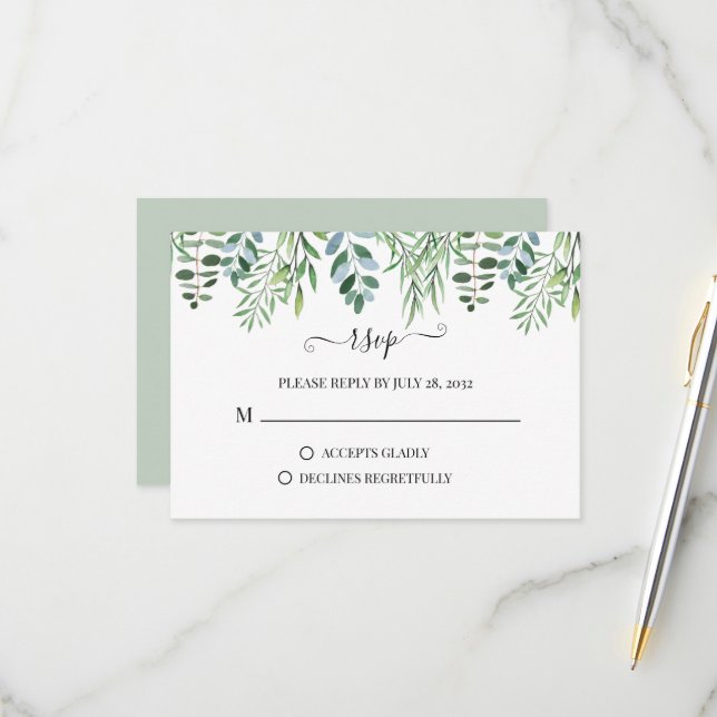 Cartons Réponse Elégant Sage Vert verdure Eucalyptus Mariage RSV (Devant/Arrière en situation)