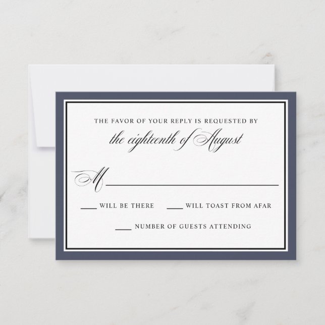 Cartons Réponse Élégant script de calligraphie Marine Blue Wedding (Devant)