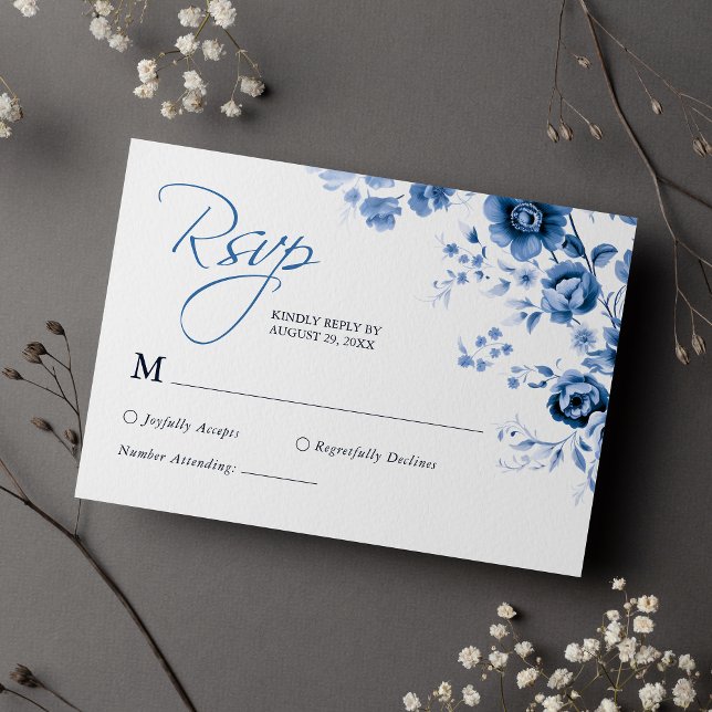 Cartons Réponse Élégant Script Français Blue Floral Toile Mariage (Créateur téléchargé)