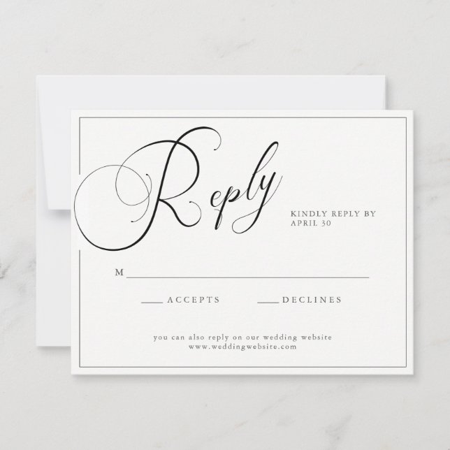 Cartons Réponse Élégant script noir & blanc avec Mariage de site W (Devant)