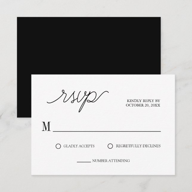 Cartons Réponse Élégant script noir & blanc minimaliste Mariage (Devant / Derrière)