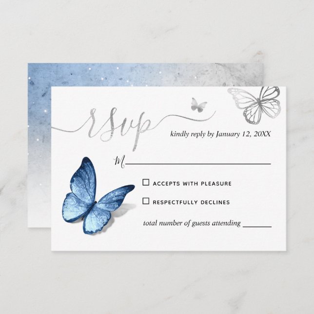 Cartons Réponse Elegant Silver Light Baby Blue Butterfly Wedding (Devant / Derrière)