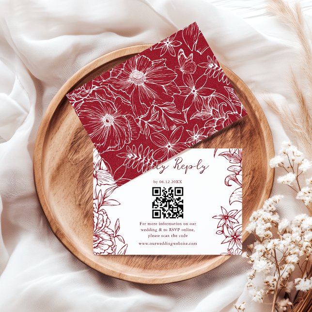 Cartons Réponse Elegant Simple Burgundy Floral QR Code Wedding (Créateur téléchargé)