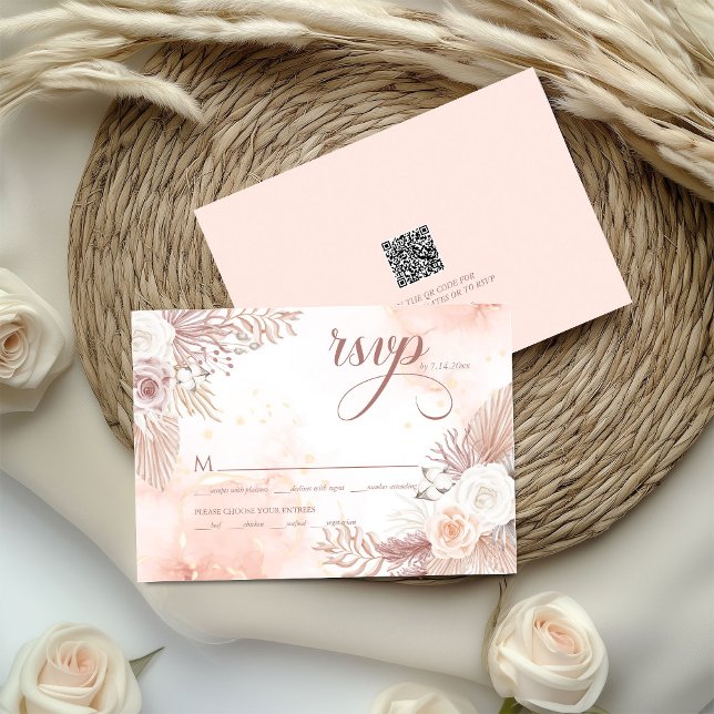 Cartons Réponse Élégant Style Boho Code QR Floral Rose Rose Clair (Créateur téléchargé)