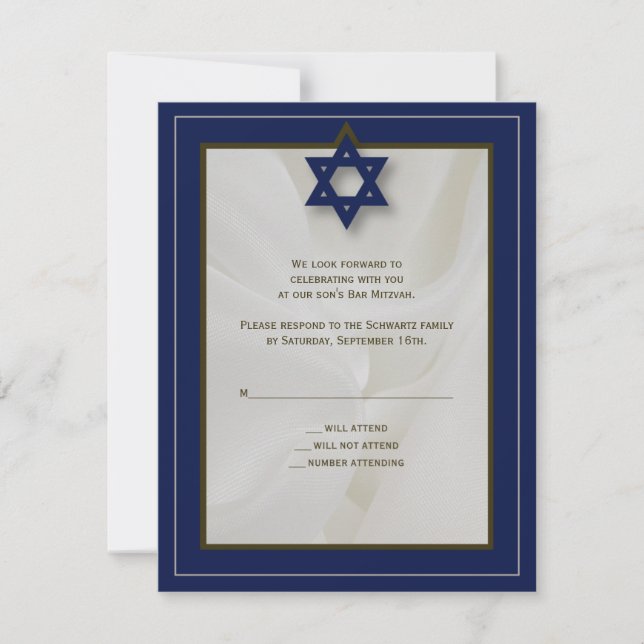 Cartons Réponse Elegant tissu Barre Mitzvah Reply Card en Navy (Devant)