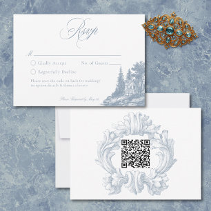Cartons Réponse Élégant Toile Bleu Poussiéreux Mariage Manoir Fran