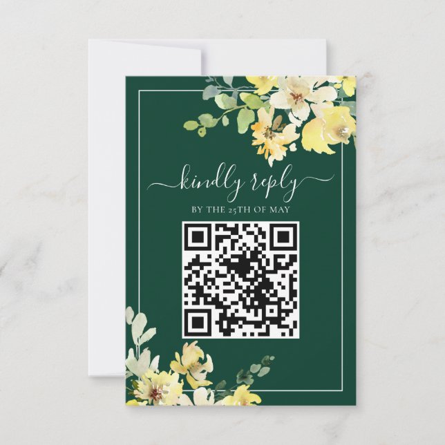 Cartons Réponse Élégant vert foncé jaune floral QR Code Mariage (Devant)