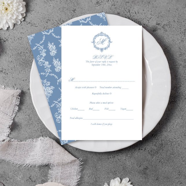 Cartons Réponse Elegant Vintage Blue Toile Monogram Wedding (Créateur téléchargé)