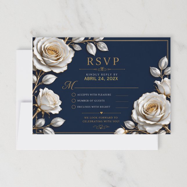 Cartons Réponse Elegant White and Gold Rose on Navy Blue  (Créateur téléchargé)