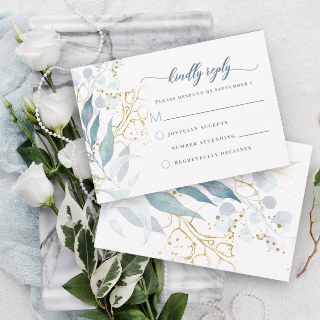 Cartons Réponse Elégante aquarelle bleu bleu bleu bleu floral or M (Dusty blue greenery elegant watercolor botanical RSVP card with gold accents for a bohemian feel.)