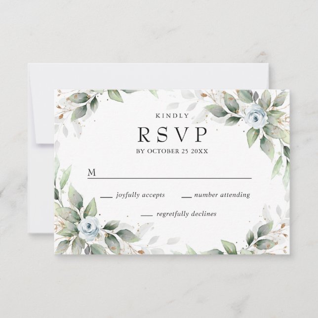 Cartons Réponse Elégante aquarelle Dusty Blue Foliage Mariage (Devant)