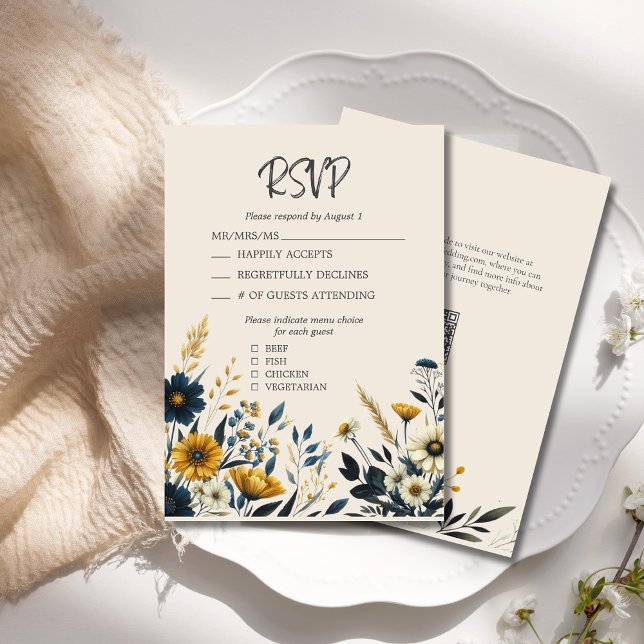 Cartons Réponse Elégante Aquarelle Fleur sauvage Mariage beige (Elegant Watercolor Wildflowers Wedding RSVP Card with Menu Selections and QR Code.)