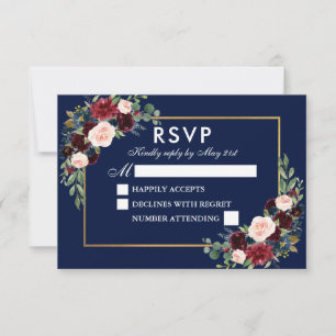 Cartons Réponse Elégante aquarelle Floral Bleu Bourgogne Mariage