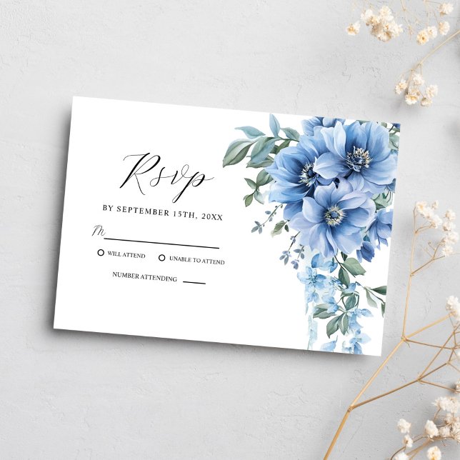 Cartons Réponse Elégante aquarelle Floral Dusty Mariage bleu (Elegant Watercolor Floral Dusty Blue Wedding RSVP Card)