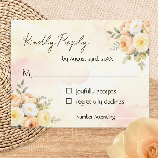 Cartons Réponse Elégante aquarelle rustique Joli Mariage floral (A stylish RSVP card for wedding replies, with peach, yellow and white watercolor-style roses)