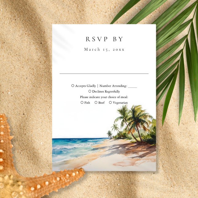 Cartons Réponse Elégante aquarelle Tropical Beach Mariage (Elegant Watercolor Tropical Beach Wedding RSVP Card)