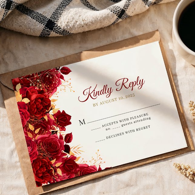 Cartons Réponse Elégante Bourgogne et or Floral Quinceañera (Créateur téléchargé)