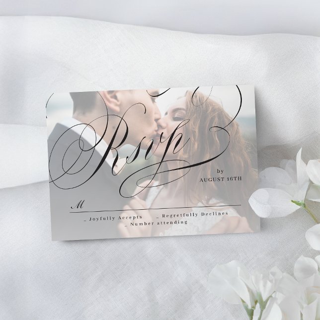 Cartons Réponse Elégante calligraphie classique photo mariage voit (Elegant classic calligraphy photo wedding RSVP car)