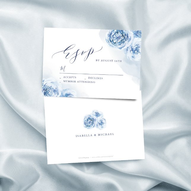 Cartons Réponse Élégante calligraphie mariage floral bleu poussiér (Elegant calligraphy dusty blue floral wedding RSVP card)