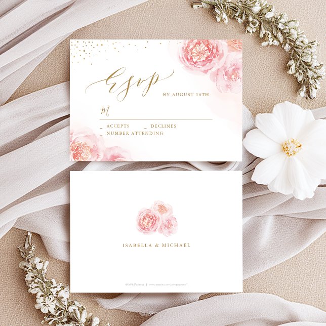 Cartons Réponse Élégante calligraphie or & mariage floral roux (Elegant calligraphy gold & blush floral wedding RSVP card)