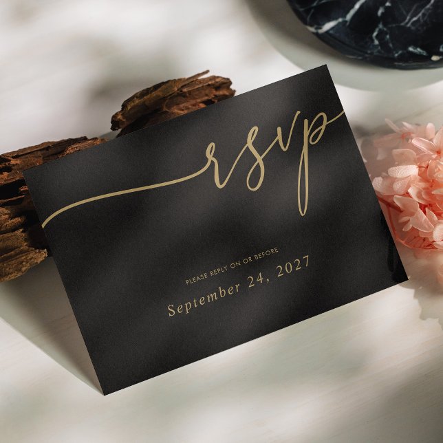 Cartons Réponse Élégante calligraphie or sur Mariage noir (Elegant Gold Calligraphy on Black Wedding RSVP Card Customizable)