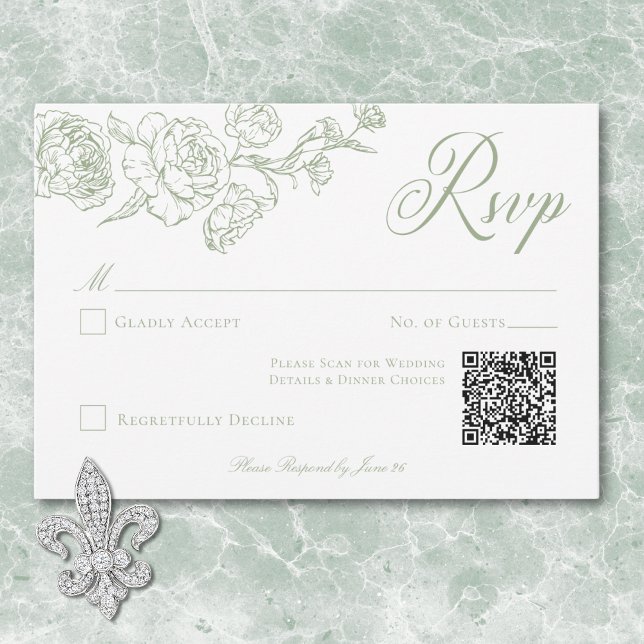 Cartons Réponse Élégante Chinoiserie verte Mariage de crête et d'o (Elegant Green Chinoiserie Bird & Crest Wedding QR RSVP Card)