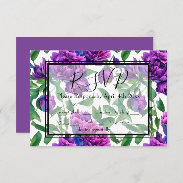 Cartons Réponse Elégante couleur magenta violet flores d'aquarelle (Devant / Derrière)