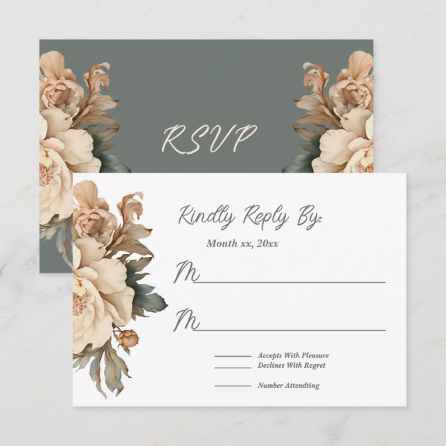 Cartons Réponse Elégante Crème et Taupe avec Mariage Floral Vert (Devant / Derrière)