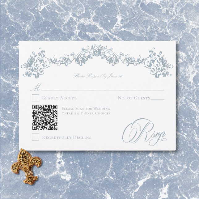 Cartons Réponse Elégante Dusty Blue Chinoiserie Cherub Mariage QR (Elegant Dusty Blue Chinoiserie Cherub Wedding QR RSVP Card)