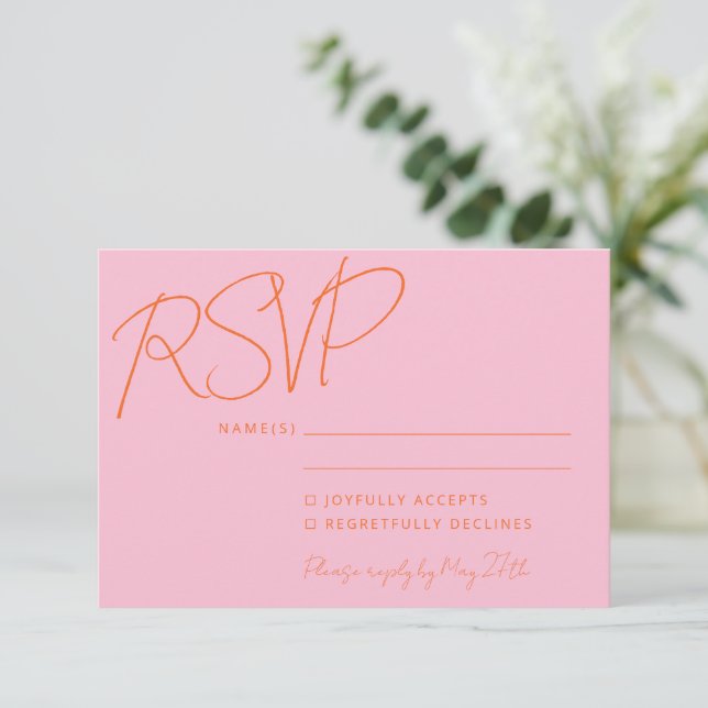 Cartons Réponse Élégante écriture manuscrite moderne Mariage rose  (Debout devant)