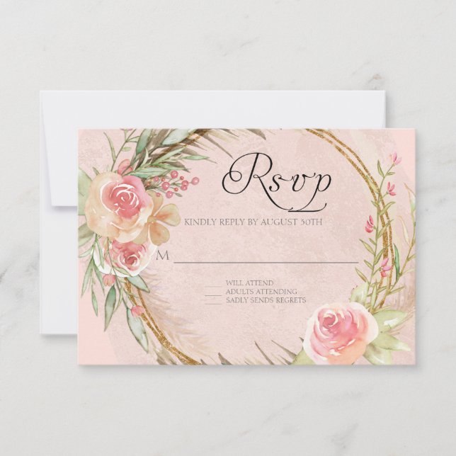 Cartons Réponse Elégante feuille de Pampas d'or Aquarelle Wreath (Devant)