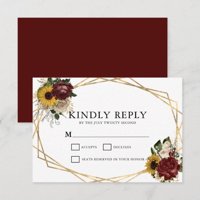 Cartons Réponse Elégante florale d'automne et Mariage de cadre géo (Devant / Derrière)