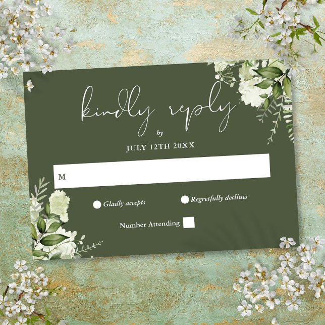 Cartons Réponse Élégante Florale de Verdure Vert Olive Mariage (Elegant Greenery Floral Olive Green Wedding RSVP Card)