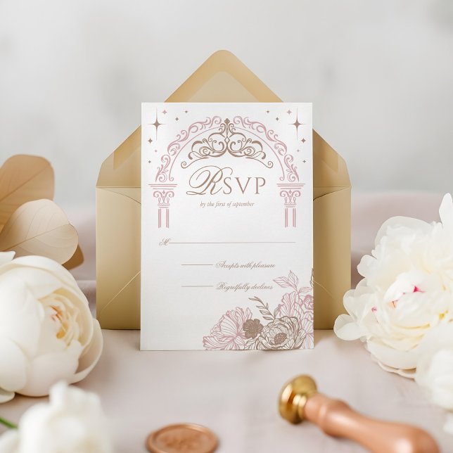 Cartons Réponse Élégante Florales Roses Étoiles Lune Tiara Quincea (Elegant Pink Florals Moon Stars Tiara Quinceañera RSVP Card)
