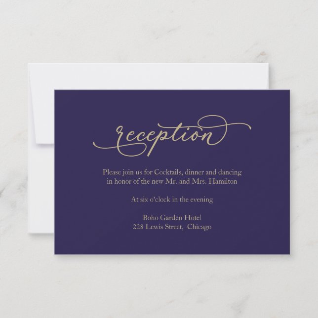 Cartons Réponse Elégante Gold Calligraphy Blue Wedding Réception (Devant)