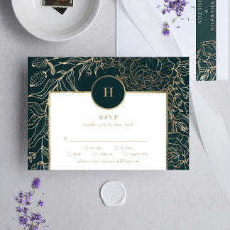 Cartons Réponse Élégante huile d'or & Emerald Green Wreath Monogra
