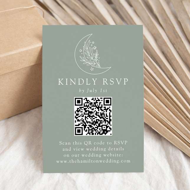Cartons Réponse Élégante Lune et Étoiles Code QR Vert Sauge Mariag (Créateur téléchargé)