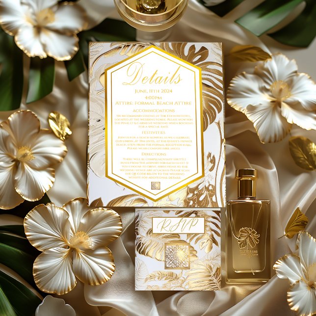 Cartons Réponse Elégante Monstera Gilded Gold Mariage Détails Cart (Elegant Monstera Formal Destination Details Enclosure Card and RSVP QR Code Card)