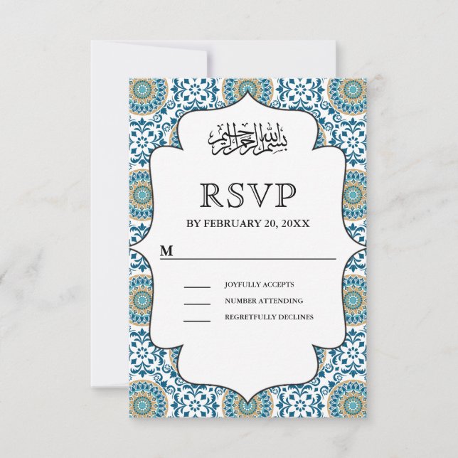Cartons Réponse Elégante Mosaïque bleue Perse Mariage musulman isl (Devant)