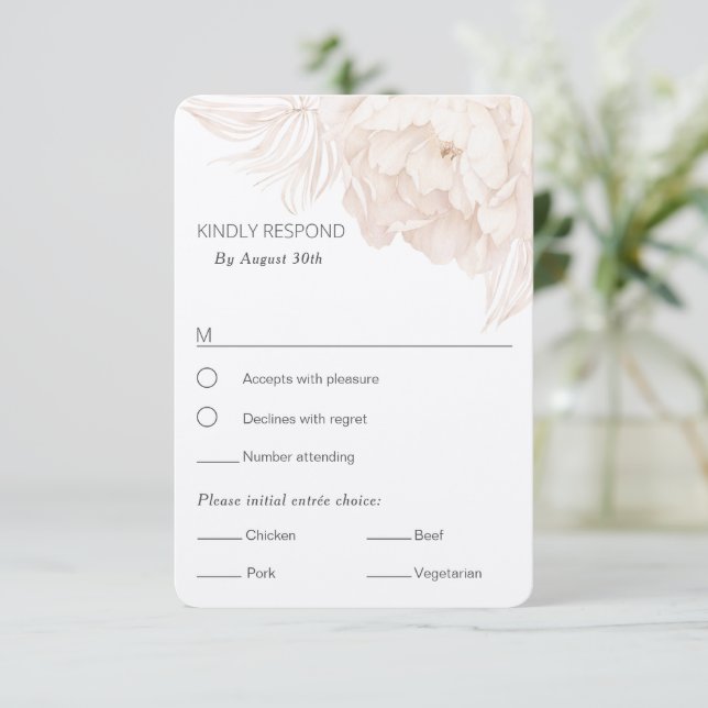 Cartons Réponse Elégante Peony-RSVP beige simple avec choix de rep (Debout devant)