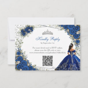 Cartons Réponse Élégante Quinceañera bleu royal et roses argentées